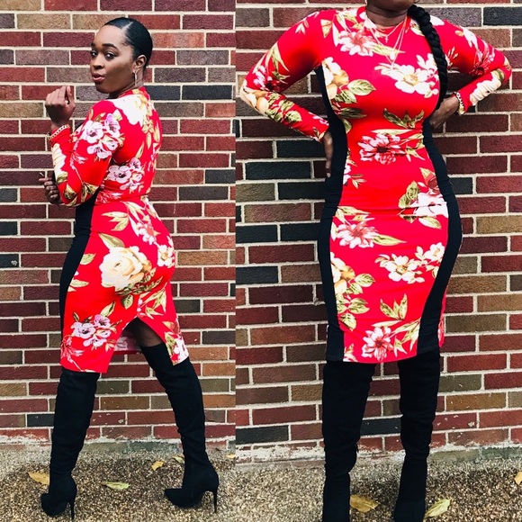 Long Sleeve Floral Print Fitted Midi Dress - Picture 2 of 4